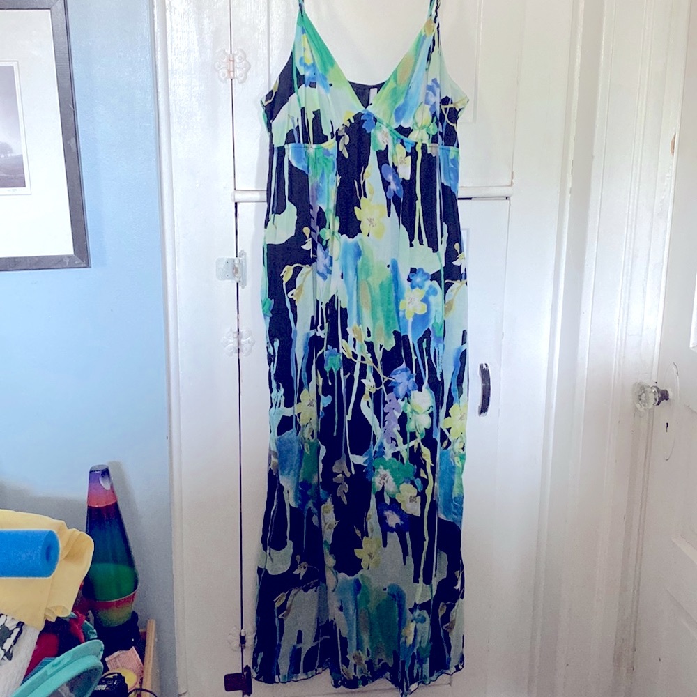 Old Navy Black Blue & Green Floral V-Neck Braided Sleeve Maxi Dress; L